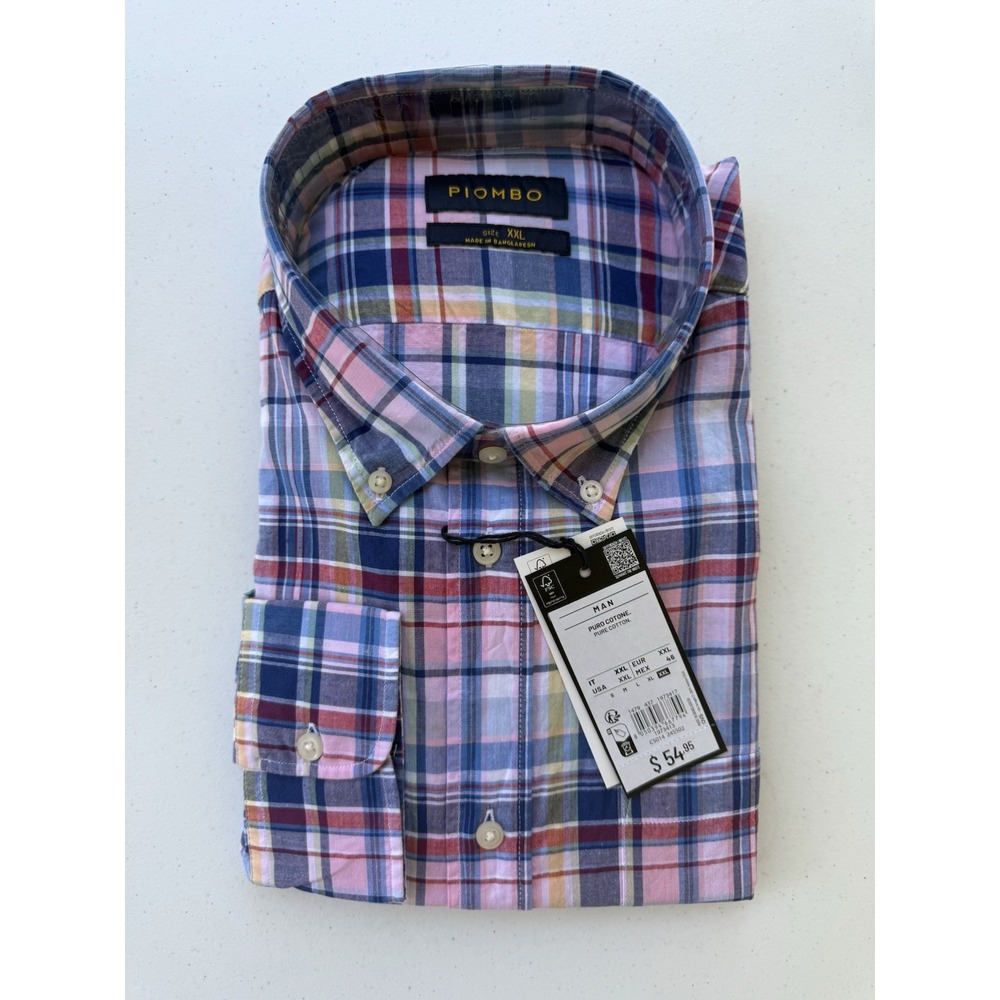 Piombo Shirt Men's Size XXL Pink Blue Plaid ‎ Button Down Long Sleeve NWT. H46